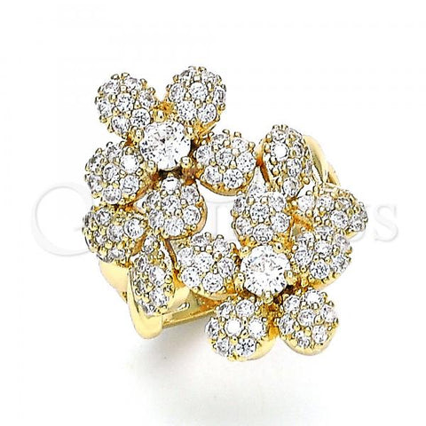 Oro Laminado Multi Stone Ring, Gold Filled Style Flower Design, with White Micro Pave and White Cubic Zirconia, Polished, Golden Finish, 01.266.0044.09