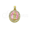 Oro Laminado Religious Pendant, Gold Filled Style Guadalupe Design, with White Cubic Zirconia, Pink Enamel Finish, Golden Finish, 05.284.0019.1