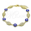 Oro Laminado Fancy Bracelet, Gold Filled Style Virgen Maria and Evil Eye Design, Blue Enamel Finish, Golden Finish, 03.213.0159.08