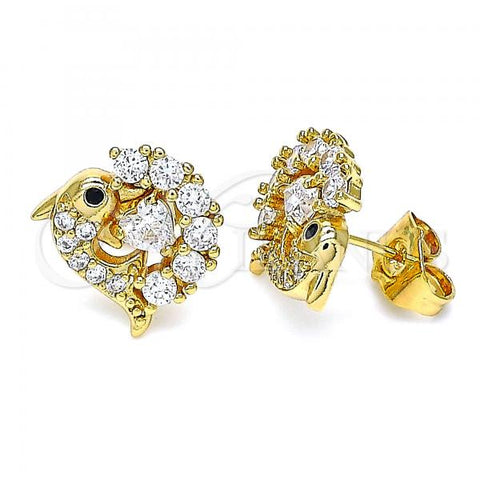 Oro Laminado Stud Earring, Gold Filled Style Dolphin and Heart Design, with White and Black Cubic Zirconia, Polished, Golden Finish, 02.387.0029
