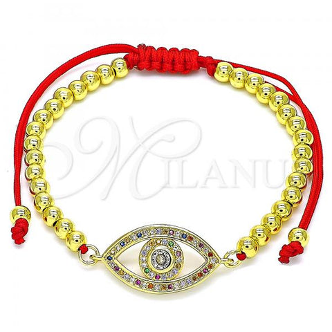 Oro Laminado Adjustable Bolo Bracelet, Gold Filled Style Evil Eye and Ball Design, with Multicolor Micro Pave and White Cubic Zirconia, Polished, Golden Finish, 03.368.0046.11