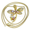 Oro Laminado Pendant Necklace, Gold Filled Style Dragon-Fly and Flower Design, with Multicolor Cubic Zirconia, Polished, Golden Finish, 04.283.0014.2.20