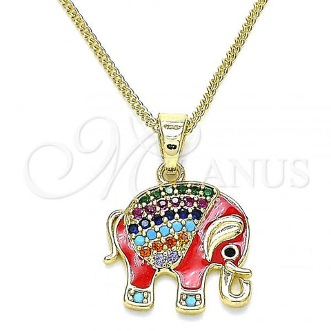 Oro Laminado Pendant Necklace, Gold Filled Style Elephant Design, with Multicolor Micro Pave, Red Enamel Finish, Golden Finish, 04.210.0054.1.20