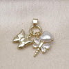 Oro Laminado Fancy Pendant, Gold Filled Style Butterfly and Dragon-Fly Design, with Ivory Pearl and White Cubic Zirconia, Polished, Golden Finish, 05.213.0158