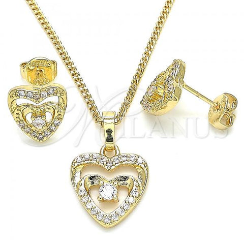 Oro Laminado Earring and Pendant Adult Set, Gold Filled Style Heart Design, with White Micro Pave and White Cubic Zirconia, Polished, Golden Finish, 10.233.0032.3