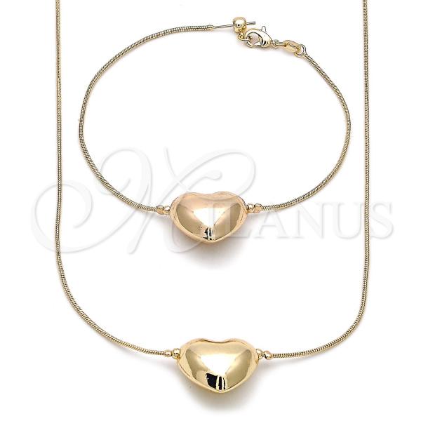 Oro Laminado Necklace and Bracelet, Gold Filled Style Heart and Rat Tail Design, Polished, Golden Finish, 06.63.0291