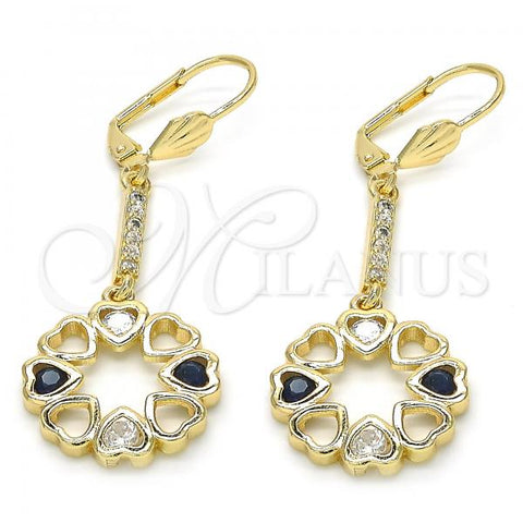 Oro Laminado Long Earring, Gold Filled Style Heart Design, with Sapphire Blue and White Cubic Zirconia, Polished, Golden Finish, 02.210.0203.1
