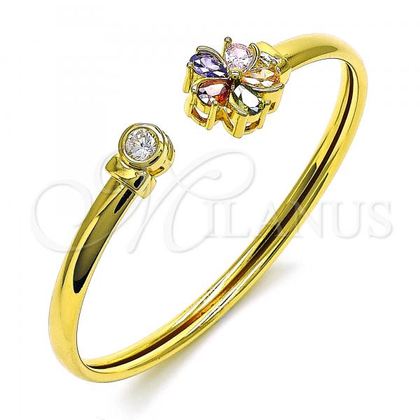 Oro Laminado Individual Bangle, Gold Filled Style Flower Design, with Multicolor Cubic Zirconia, Polished, Golden Finish, 07.381.0018