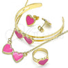 Oro Laminado Necklace, Bracelet, Earring and Ring, Gold Filled Style Heart Design, Pink Enamel Finish, Golden Finish, 06.361.0025