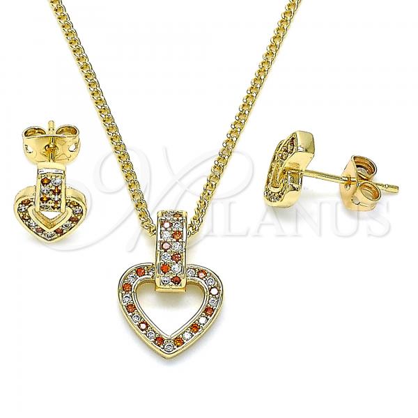 Oro Laminado Earring and Pendant Adult Set, Gold Filled Style Heart Design, with Garnet and White Micro Pave, Polished, Golden Finish, 10.342.0011.2