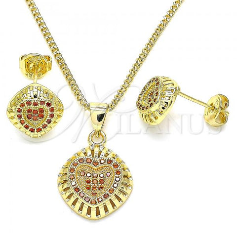 Oro Laminado Earring and Pendant Adult Set, Gold Filled Style Heart Design, with Garnet Micro Pave, Polished, Golden Finish, 10.156.0170.3