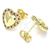 Oro Laminado Stud Earring, Gold Filled Style Heart Design, with Garnet and White Micro Pave, Polished, Golden Finish, 02.156.0517.1