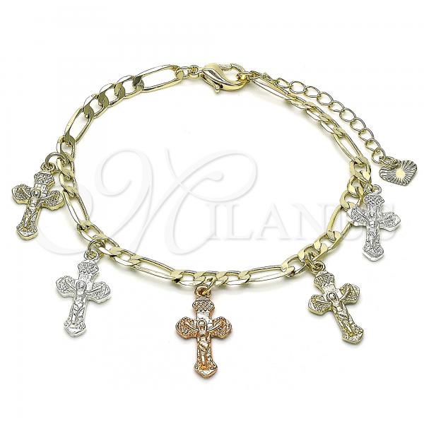 Oro Laminado Charm Bracelet, Gold Filled Style Crucifix Design, Polished, Tricolor, 03.351.0150.07