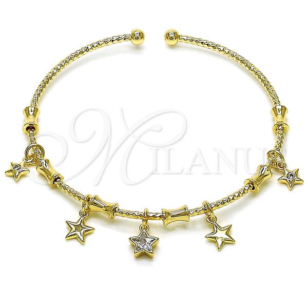 Oro Laminado Individual Bangle, Gold Filled Style Star Design, with White Cubic Zirconia, Diamond Cutting Finish, Golden Finish, 07.60.0019