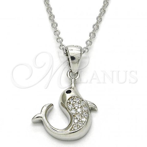 Sterling Silver Pendant Necklace, Dolphin Design, with White and Black Cubic Zirconia, Polished, Rhodium Finish, 04.336.0121.16