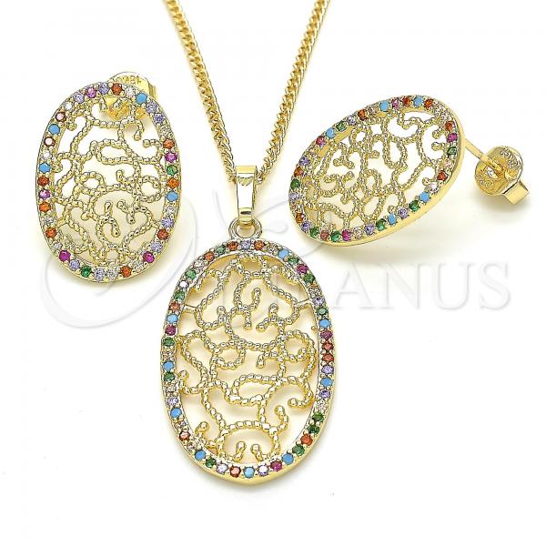 Oro Laminado Earring and Pendant Adult Set, Gold Filled Style with Multicolor Cubic Zirconia, Polished, Golden Finish, 10.233.0038.1