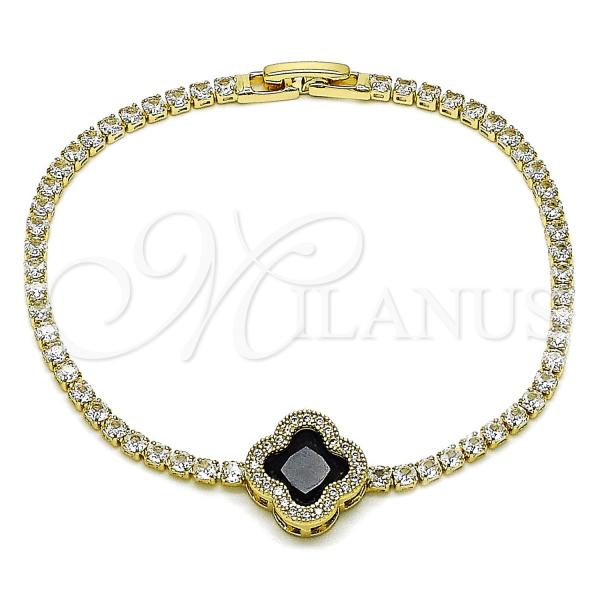 Oro Laminado Fancy Bracelet, Gold Filled Style Four-leaf Clover and Cluster Design, with Black and White Cubic Zirconia, Polished, Golden Finish, 03.284.0052.1.07