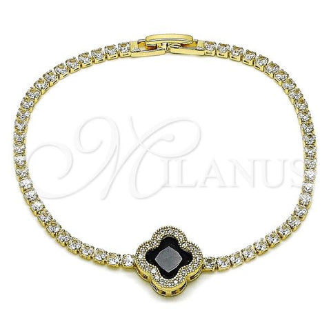 Oro Laminado Fancy Bracelet, Gold Filled Style Four-leaf Clover and Cluster Design, with Black and White Cubic Zirconia, Polished, Golden Finish, 03.284.0052.1.07