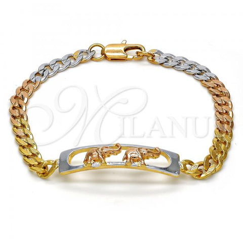 Oro Laminado ID Bracelet, Gold Filled Style Elephant Design, Polished, Tricolor, 03.102.0028.08
