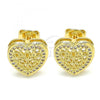 Oro Laminado Stud Earring, Gold Filled Style Heart Design, with White Micro Pave, Polished, Golden Finish, 02.156.0468