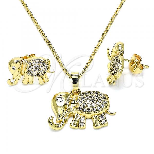 Oro Laminado Earring and Pendant Adult Set, Gold Filled Style Elephant Design, with White Micro Pave, Polished, Golden Finish, 10.284.0016.1