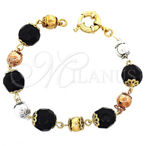 Oro Laminado Fancy Bracelet, Gold Filled Style Ball Design, with Black Azavache, Polished, Tricolor, 5.008.002