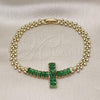 Oro Laminado Fancy Bracelet, Gold Filled Style Cross and Baguette Design, with Green Cubic Zirconia, Polished, Golden Finish, 03.424.0006.2.08