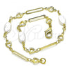Oro Laminado Fancy Anklet, Gold Filled Style Heart and Love Knot Design, with Ivory Pearl, Polished, Golden Finish, 03.386.0021.10