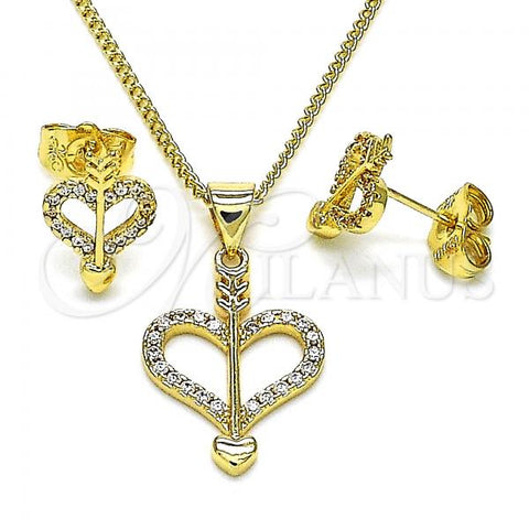 Oro Laminado Earring and Pendant Adult Set, Gold Filled Style Heart Design, with White Micro Pave, Polished, Golden Finish, 10.156.0431