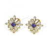 Oro Laminado Stud Earring, Gold Filled Style Flower Design, with Amethyst and White Cubic Zirconia, Polished, Golden Finish, 02.387.0096.3