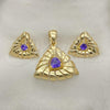 Oro Laminado Earring and Pendant Adult Set, Gold Filled Style with Dark Tanzanite Cubic Zirconia, Polished, Golden Finish, 10.59.0151