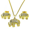 Oro Laminado Earring and Pendant Adult Set, Gold Filled Style Elephant Design, with White and Black Micro Pave, Polished, Golden Finish, 10.284.0026