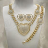 Oro Laminado Necklace, Bracelet and Earring, Gold Filled Style Heart and Miami Cuban Design, with White Crystal, Polished, Golden Finish, 06.372.0031
