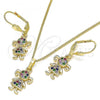 Oro Laminado Earring and Pendant Adult Set, Gold Filled Style Little Girl Design, with Multicolor Micro Pave, Polished, Golden Finish, 10.210.0142.1
