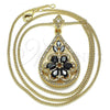 Oro Laminado Pendant Necklace, Gold Filled Style Teardrop and Flower Design, with Black and White Cubic Zirconia, Polished, Golden Finish, 04.283.0021.1.20