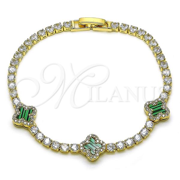 Oro Laminado Fancy Bracelet, Gold Filled Style Four-leaf Clover Design, with Light Turquoise Mother of Pearl and White Cubic Zirconia, Polished, Golden Finish, 03.284.0046.3.07