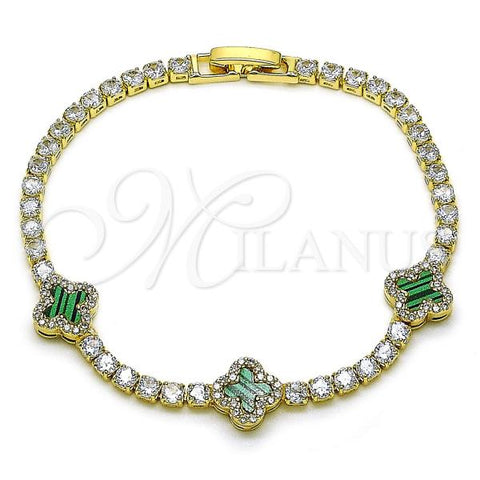 Oro Laminado Fancy Bracelet, Gold Filled Style Four-leaf Clover Design, with Light Turquoise Mother of Pearl and White Cubic Zirconia, Polished, Golden Finish, 03.284.0046.3.07