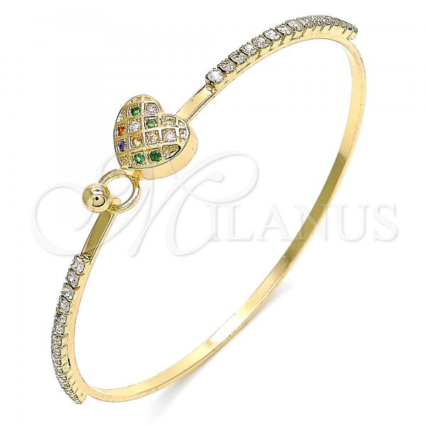Oro Laminado Individual Bangle, Gold Filled Style Heart Design, with Multicolor Micro Pave and White Crystal, Polished, Golden Finish, 07.193.0022.1.04 (02 MM Thickness, Size 4 - 2.25 Diameter)