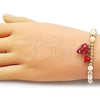Oro Laminado Fancy Bracelet, Gold Filled Style Strawberry and Heart Design, with Ivory Pearl, Red Enamel Finish, Golden Finish, 03.417.0012.08