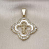 Oro Laminado Religious Pendant, Gold Filled Style Four-leaf Clover and San Benito Design, with Ivory Mother of Pearl and White Cubic Zirconia, Polished, Golden Finish, 05.253.0195