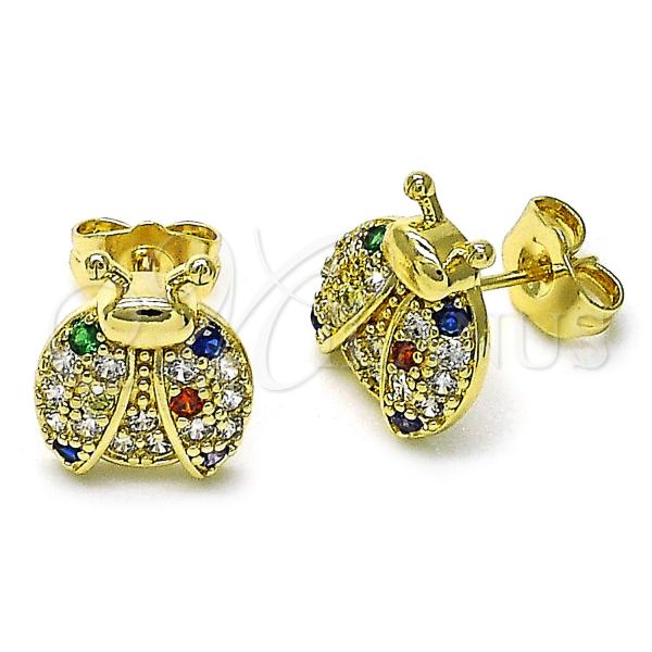 Oro Laminado Stud Earring, Gold Filled Style Ladybug Design, with Multicolor Micro Pave, Polished, Golden Finish, 02.411.0018.1