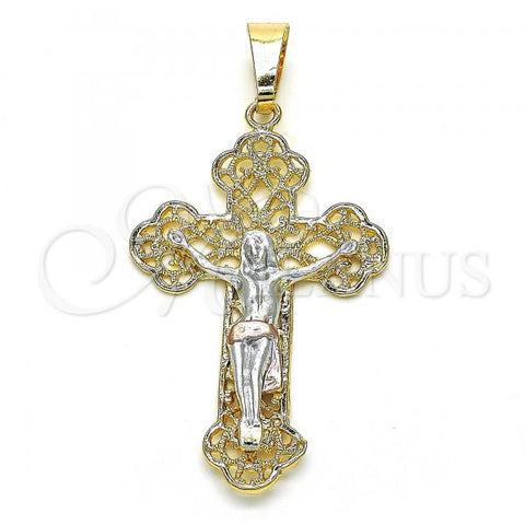 Oro Laminado Religious Pendant, Gold Filled Style Crucifix Design, Polished, Tricolor, 05.351.0023