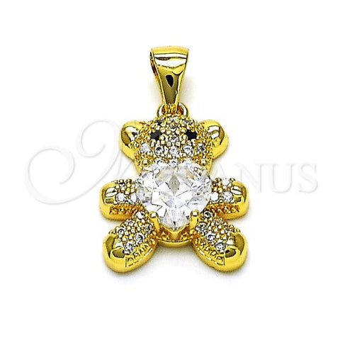 Oro Laminado Fancy Pendant, Gold Filled Style Teddy Bear and Heart Design, with White Cubic Zirconia and White Micro Pave, Polished, Golden Finish, 05.342.0187