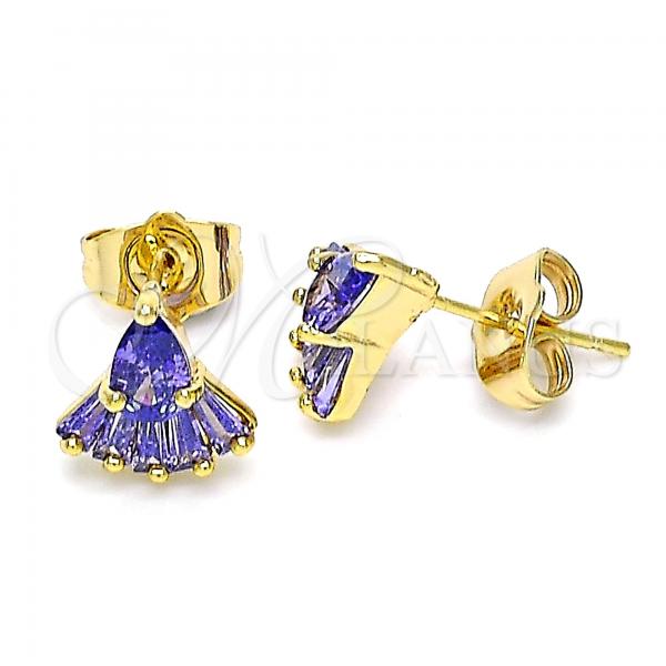 Oro Laminado Stud Earring, Gold Filled Style Teardrop Design, with Amethyst Cubic Zirconia, Polished, Golden Finish, 02.310.0045