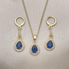 Oro Laminado Earring and Pendant Adult Set, Gold Filled Style Teardrop Design, with Sapphire Blue Cubic Zirconia and White Micro Pave, Polished, Golden Finish, 10.387.0006.2