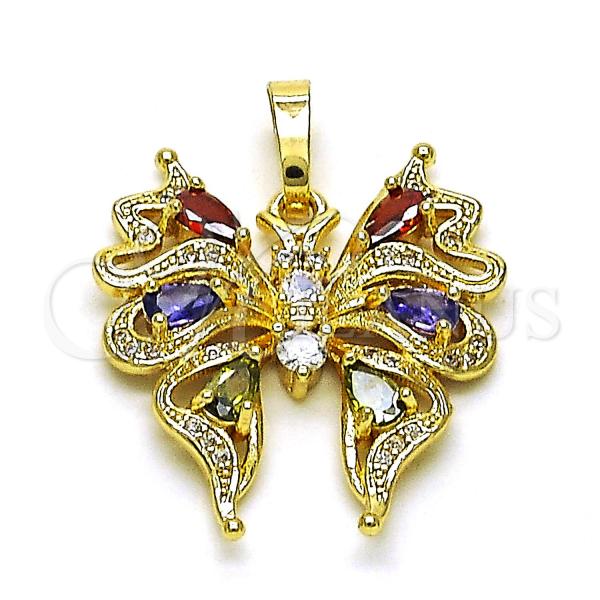 Oro Laminado Fancy Pendant, Gold Filled Style Butterfly Design, with Multicolor Cubic Zirconia and White Micro Pave, Polished, Golden Finish, 05.284.0009.2