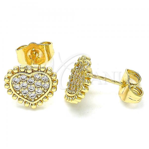 Oro Laminado Stud Earring, Gold Filled Style Heart Design, with White Micro Pave, Polished, Golden Finish, 02.210.0429