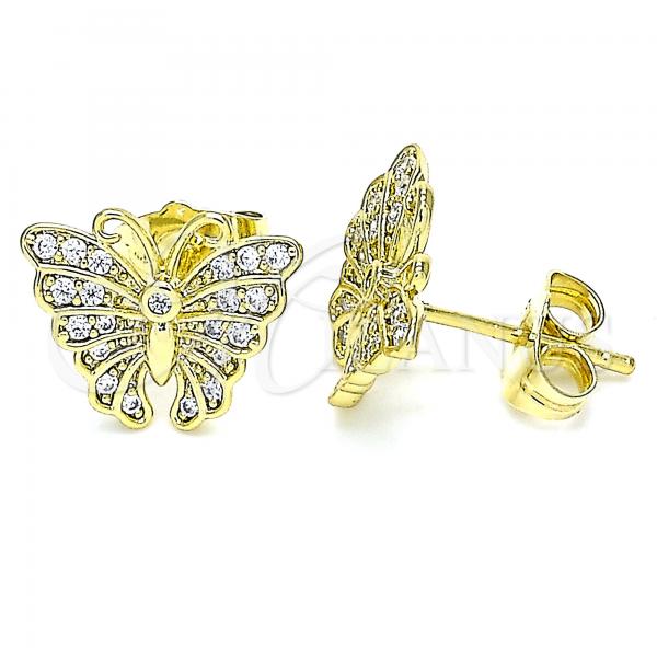 Oro Laminado Stud Earring, Gold Filled Style Butterfly Design, with White Micro Pave, Polished, Golden Finish, 02.26.0289