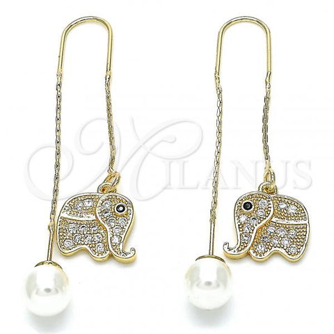 Oro Laminado Threader Earring, Gold Filled Style Elephant Design, with White Micro Pave and Black Cubic Zirconia, Polished, Golden Finish, 02.210.0358