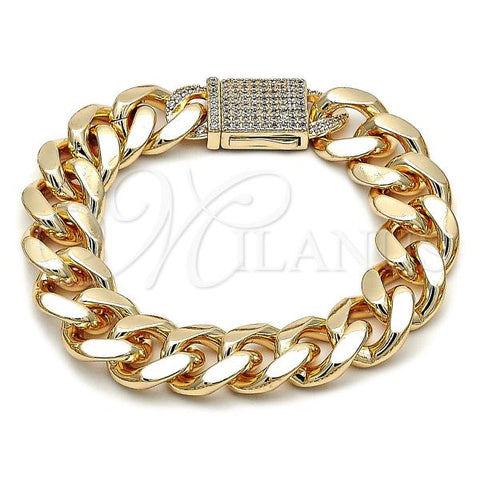 Oro Laminado Fancy Bracelet, Gold Filled Style Miami Cuban Design, with White Cubic Zirconia, Polished, Golden Finish, 03.156.0043.08